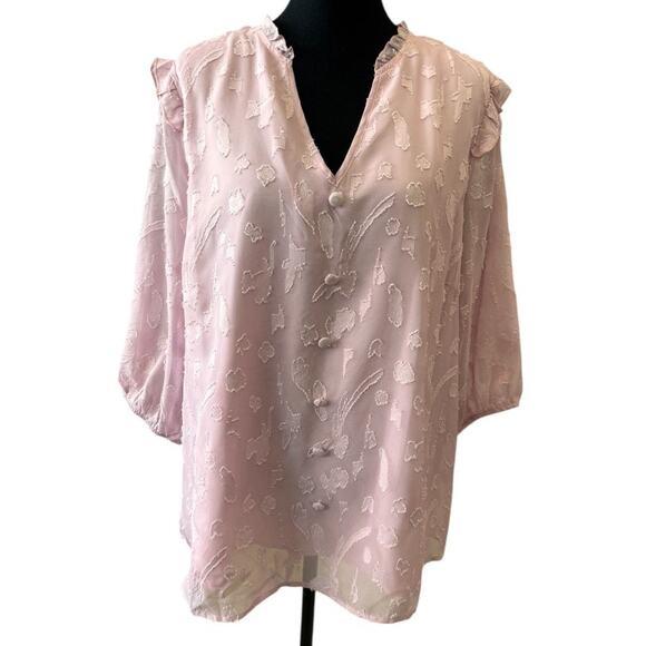 New BLOOMCHIC Women's Pink Chiffon Plain Textured Ruffle Trim Blouse Size 14-16 - Picture 3 of 9